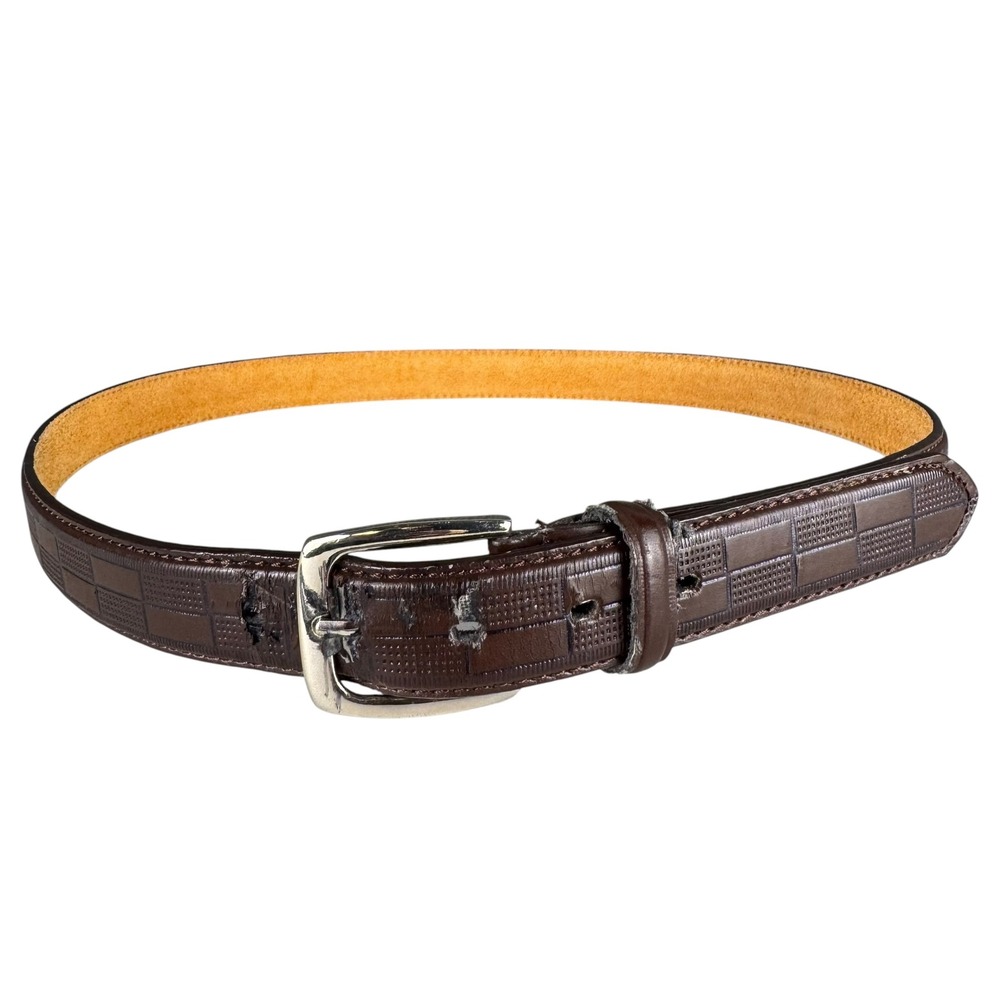 Mens Brown Embossed‎ Checkered Genuine Leather Belt Silver Buckle L 38-40 F14Q